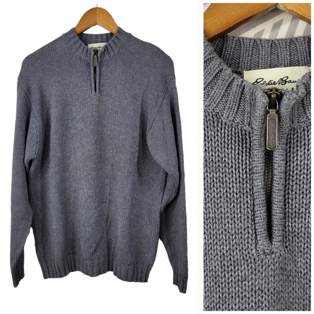 Eddie Bauer Cotton Zip Henley Sweater Size Medium Grey Heavy Warm Mens Pullover